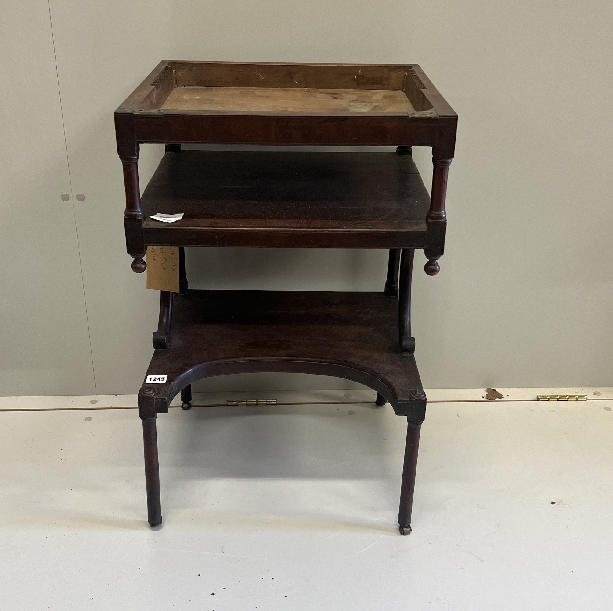 An 18th century yew wood reading / writing table (incomplete), width 44cm, depth 38cm, height 71cm